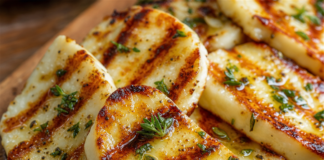 Wie schmeckt Halloumi? Gegrillte Halloumi-Scheiben mit goldbraunen Grillstreifen auf einem Holzbrett