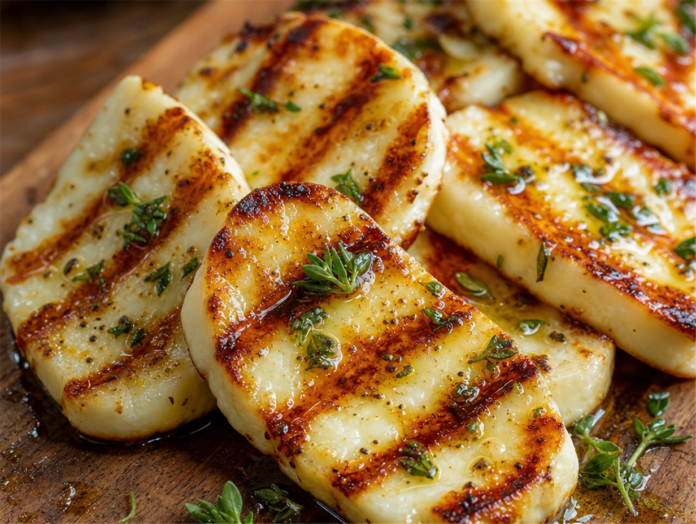Gegrillte Halloumi-Scheiben mit Grillstreifen Gegrillte Halloumi-Scheiben mit goldbraunen Grillstreifen auf einem Holzbrett