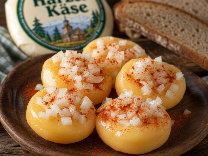 Harzer Käse mit Zwiebeln und Paprika Kleine Harzer Käse Runden mit Zwiebeln und Paprikapulver auf einem Teller