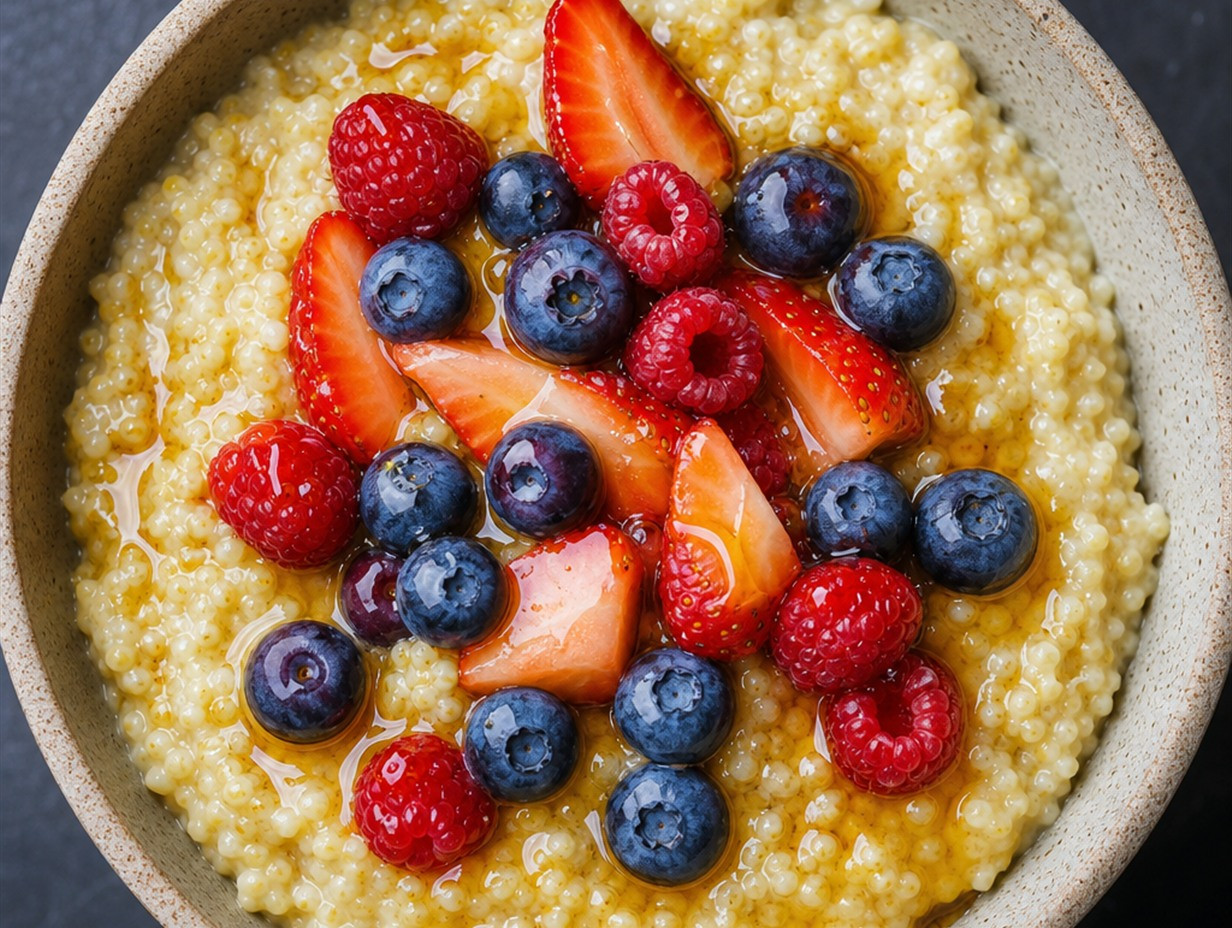 Cremiger Hirsebrei mit Honig und frischen Beeren