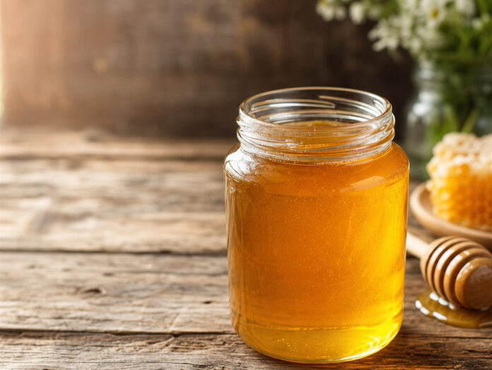 Glas mit goldenem Honig Glas mit goldenem Honig auf Holztisch