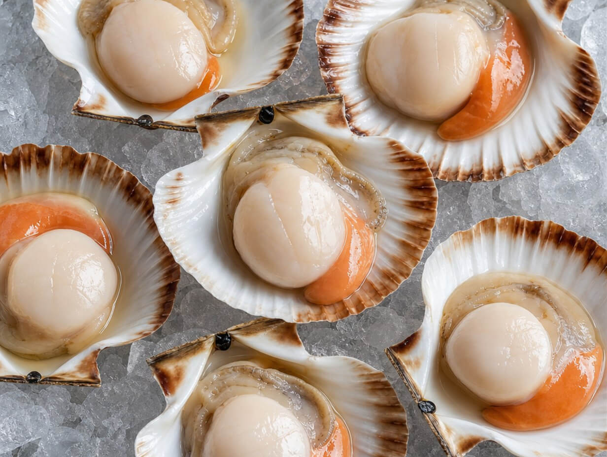 Frische rohe Jakobsmuscheln in geöffneten Schalen auf Eis mit sichtbarem weißen Muskelfleisch und orangem Rogen