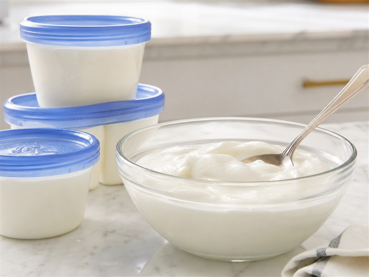 Naturjoghurt wird in kleinen Portionen eingefroren