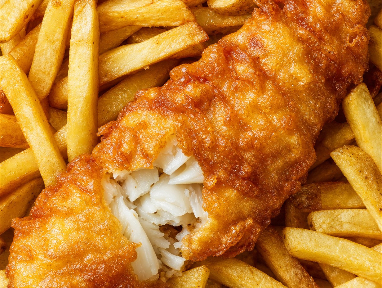 Knusprig frittierter Kabeljau im Bierteig, Fish and Chips