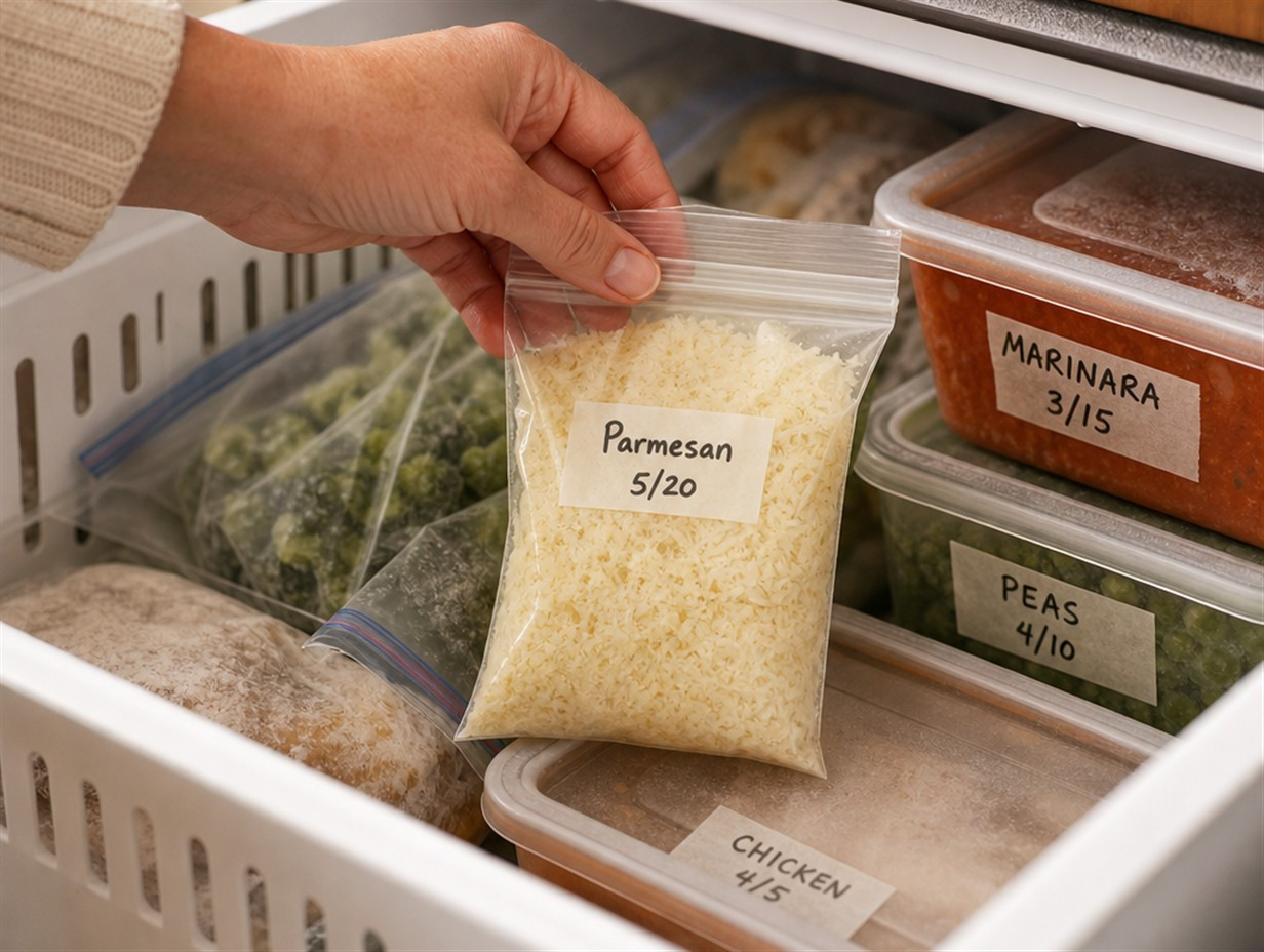 Geriebener Parmesan wird in einem Gefrierbeutel ins Gefrierfach gelegt