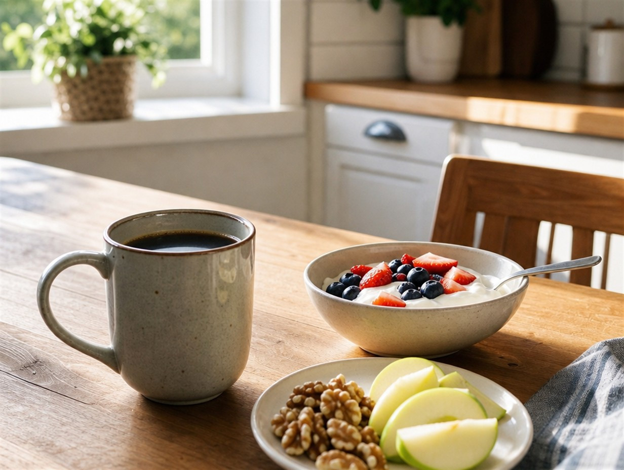 Kaffee neben einem leichten Frühstück