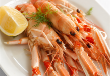 Wie schmecken Scampi? Gekochter Kaisergranat, oft als Scampi bezeichnet, serviert auf einem weißen Teller mit Zitrone und Dill