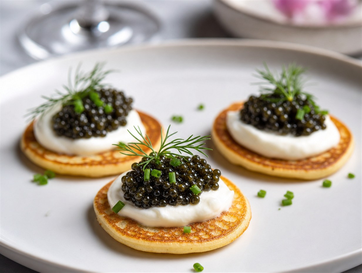 Blini mit Kaviar und Crème fraîche