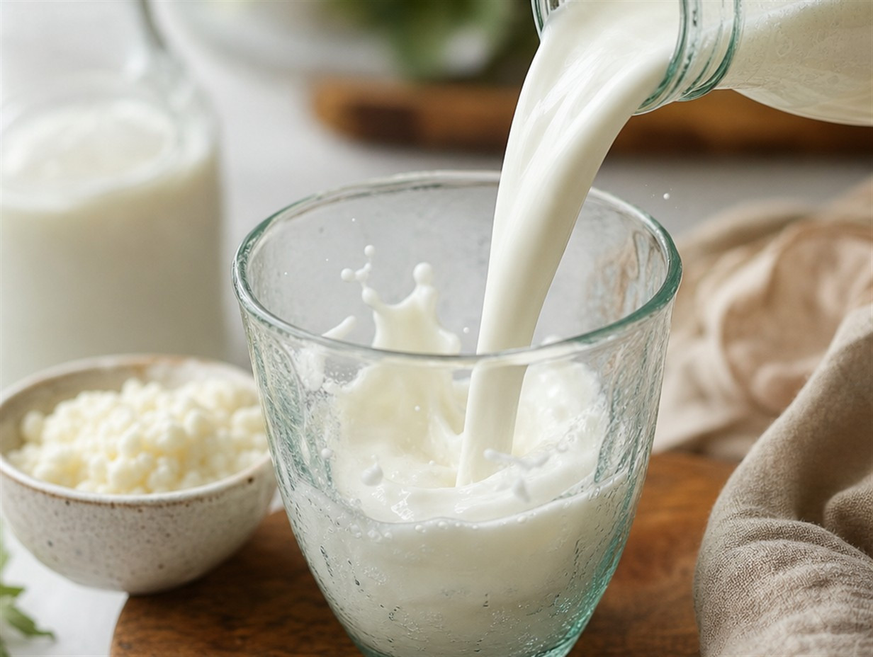 Kefir wird aus einer Flasche in ein Glas eingeschenkt
