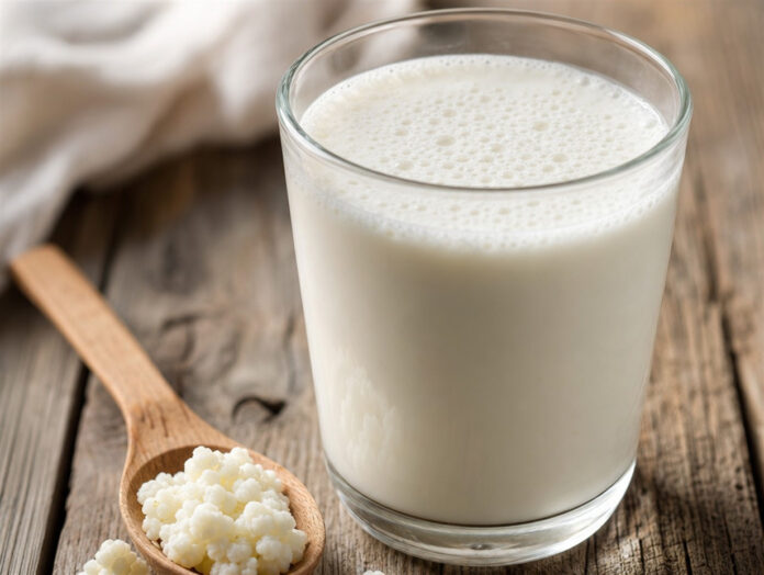Glas Kefir mit Kefirknöllchen Glas Kefir mit Kefirknöllchen auf Holztisch