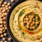 Rohe Kichererbsen neben einer Schale Hummus
