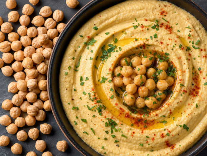 Kichererbsen roh mit Hummus Rohe Kichererbsen neben einer Schale Hummus