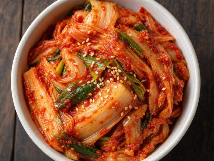 Schüssel mit fermentiertem Kimchi Schüssel mit fermentiertem, leuchtend rotem Kimchi aus Chinakohl