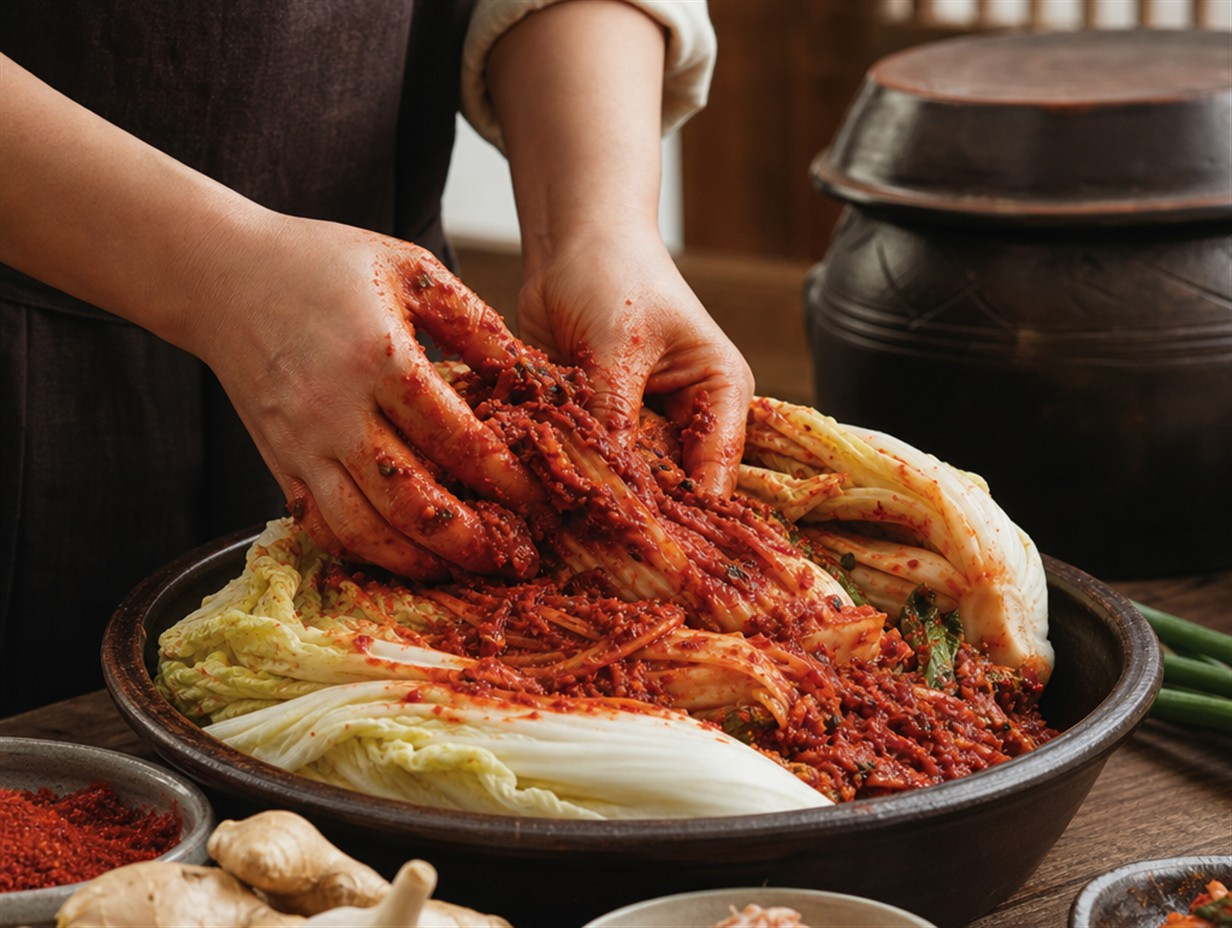 Chinakohlblätter werden bei der Kimchi-Zubereitung mit roter Gochugaru-Paste eingerieben
