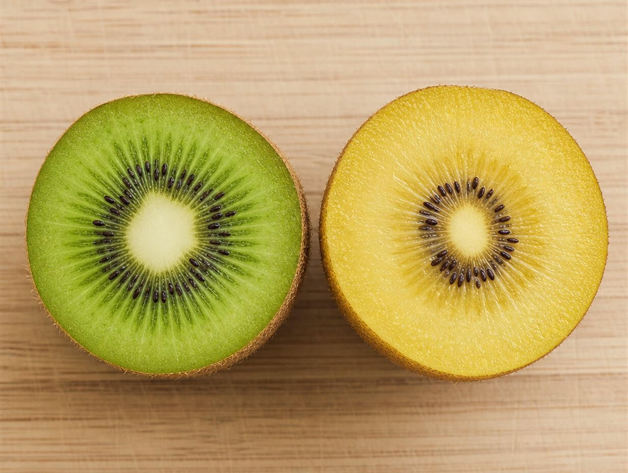 Aufgeschnittene grüne und goldene Kiwi im direkten Vergleich