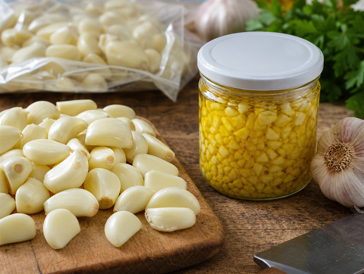 Knoblauchzehen und Knoblauch in Öl werden zum Einfrieren vorbereitet
