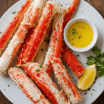 Aufgebrochene Königskrabbenbeine mit weißem und rotem Fleisch, serviert mit zerlassener Butter
