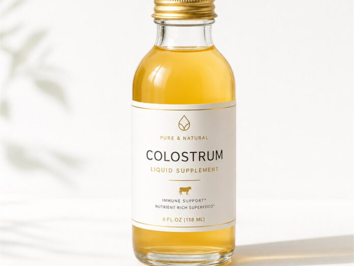 Kolostrum Vormilch Fläschchen Ein kleines Glasfläschchen mit goldenem Kolostrum auf hellem Hintergrund