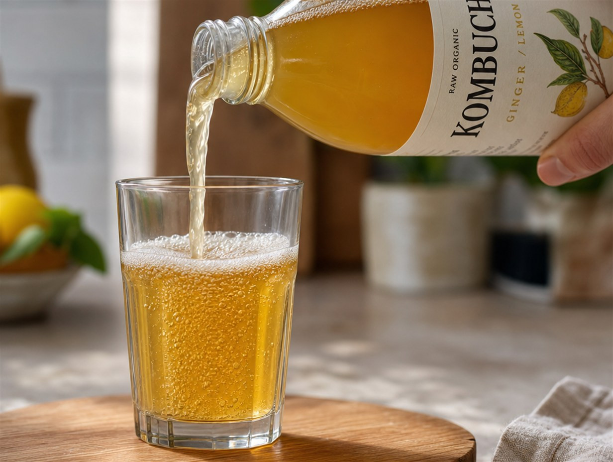 Kombucha wird aus einer Flasche in ein Glas eingeschenkt