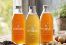 Ist Kombucha gesund? Flaschen mit Kombucha Tee auf einem Holztisch