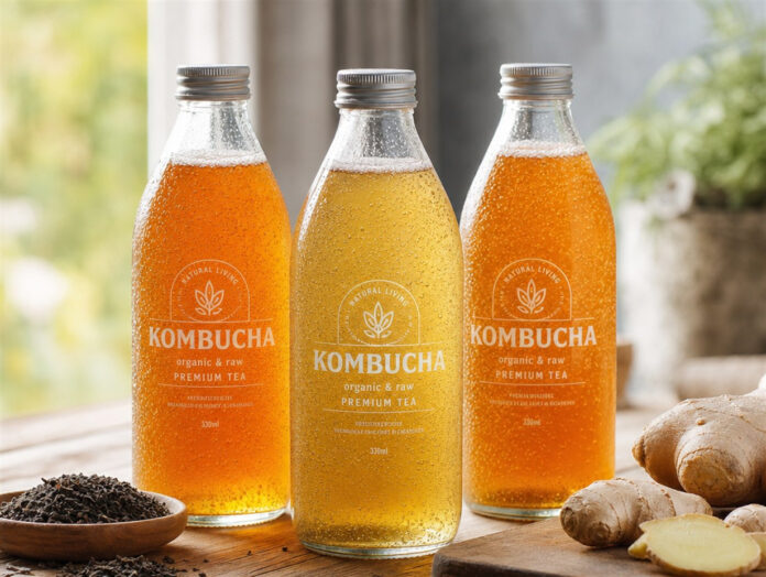 Kombucha Flaschen auf Holztisch Flaschen mit Kombucha Tee auf einem Holztisch