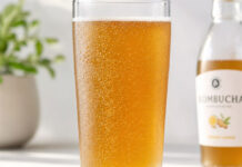 Wie schmeckt Kombucha? Glas mit prickelndem, goldbraunem Kombucha und aufsteigenden Bläschen
