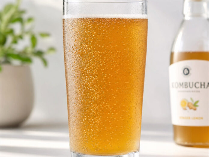 Glas Kombucha mit Kohlensäurebläschen Glas mit prickelndem, goldbraunem Kombucha und aufsteigenden Bläschen