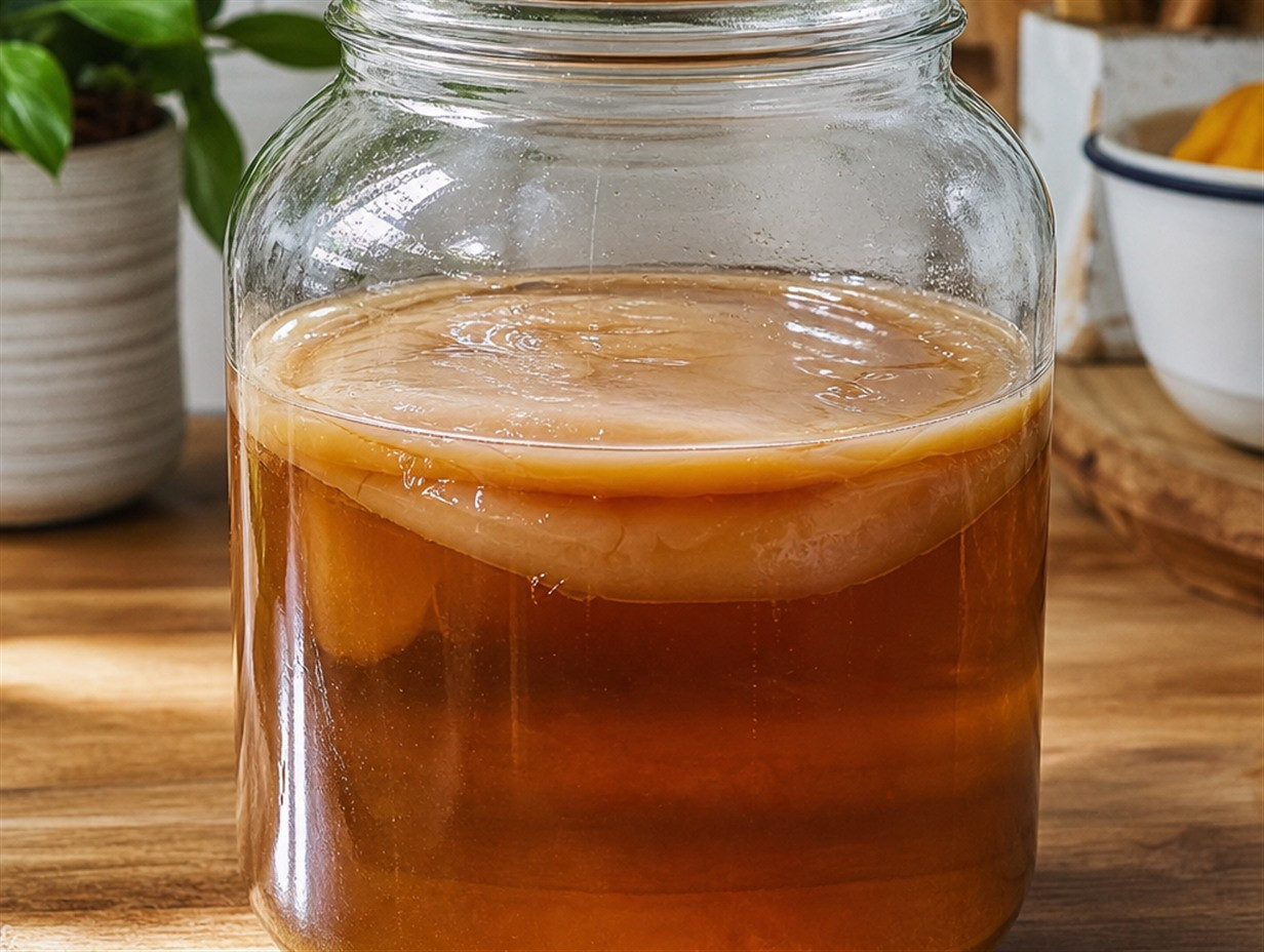 Kombucha-SCOBY schwimmt in einem Glasgefäß mit fermentierendem Tee