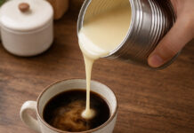 Was ist der Unterschied zwischen Kondensmilch und Milch? Kondensmilch wird in Kaffee gegossen
