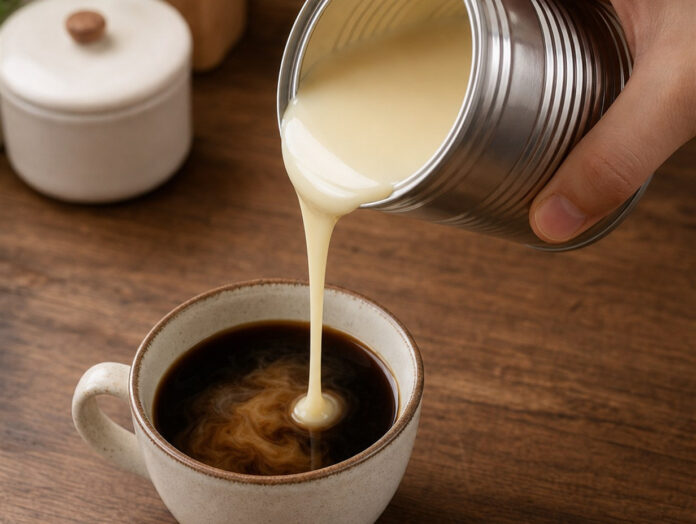 Kondensmilch wird in Kaffee gegossen Kondensmilch wird in Kaffee gegossen