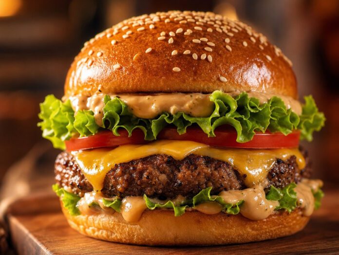 Ein appetitlicher Burger mit Sesambrötchen