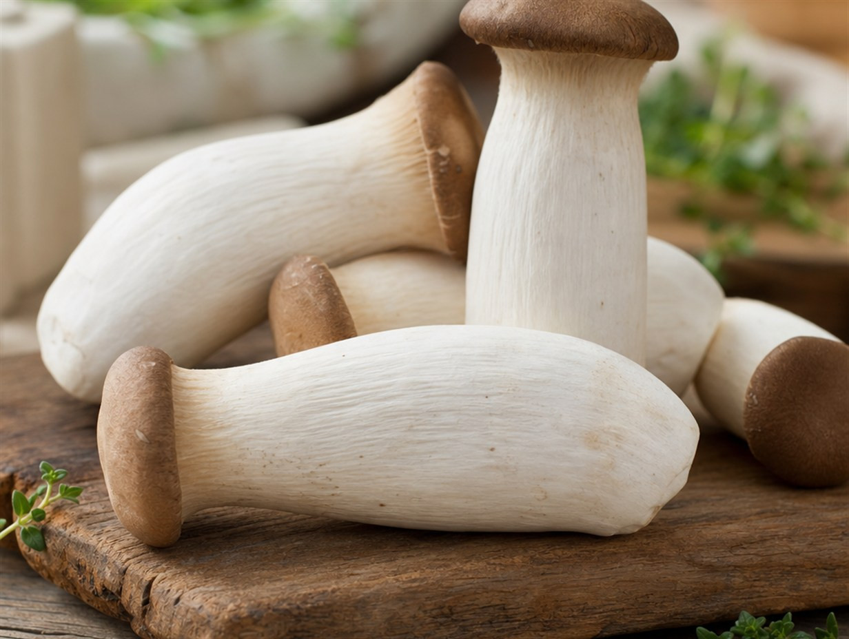 Frische Kräuterseitlinge mit dickem weißen Stiel und kleinem braunem Hut auf einem Holzbrett