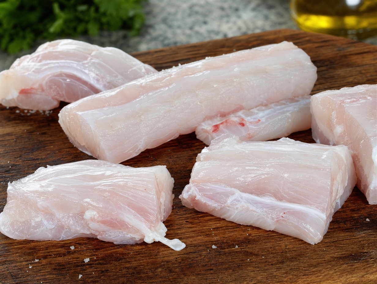 Rohe Krokodil-Schwanzfilets auf einem Holzbrett