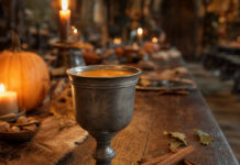 Kürbissaft (Harry Potter) – wie schmeckt das Kult-Getränk aus Hogwarts? Ein Pokal mit orangefarbenem Kürbissaft auf einem rustikalen Holztisch bei Kerzenlicht