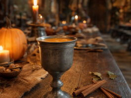 Kürbissaft (Harry Potter) – wie schmeckt das Kult-Getränk aus Hogwarts? Ein Pokal mit orangefarbenem Kürbissaft auf einem rustikalen Holztisch bei Kerzenlicht