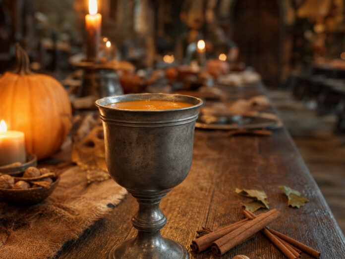 Kürbissaft in einem Pokal auf einem Holztisch Ein Pokal mit orangefarbenem Kürbissaft auf einem rustikalen Holztisch bei Kerzenlicht