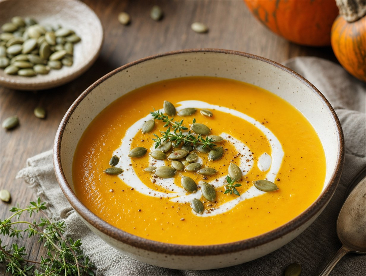 Kürbissuppe mit Kürbiskernen garniert