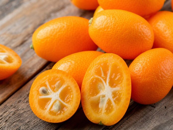Ganze und halbierte Kumquats auf Holzuntergrund