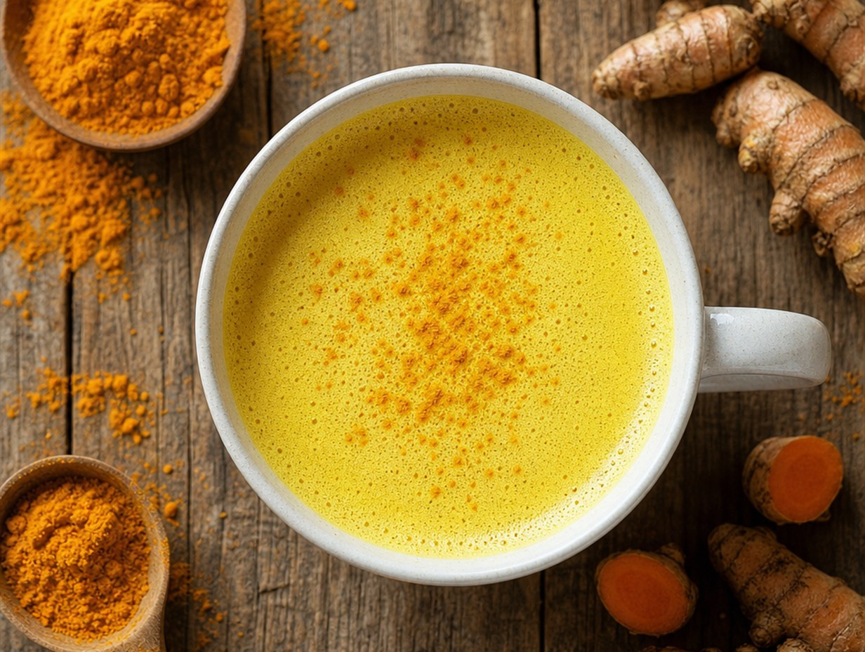 Tasse goldene Milch mit Kurkuma umgeben von Kurkumapulver