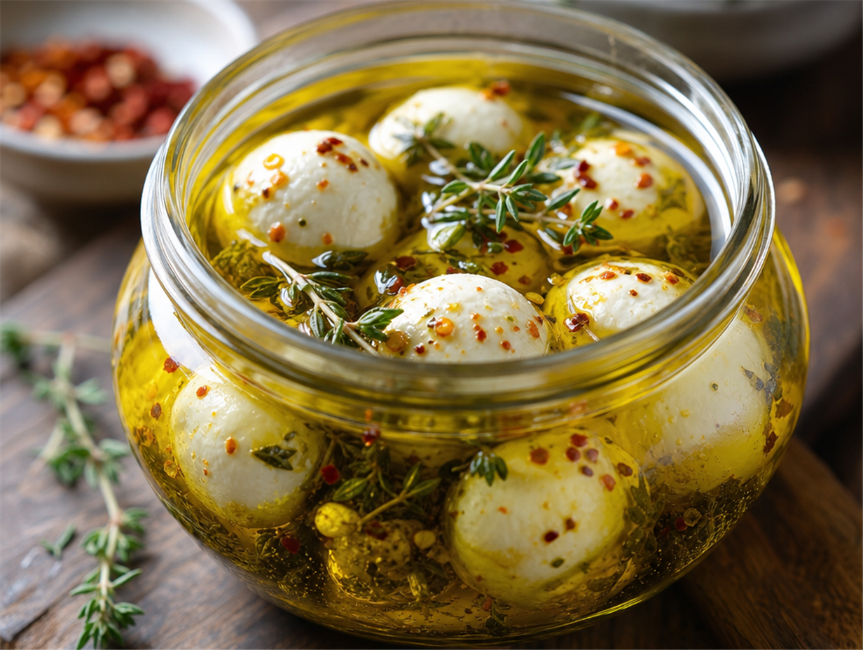 Labneh-Kugeln in Olivenöl eingelegt in einem Glas mit Kräutern und Gewürzen