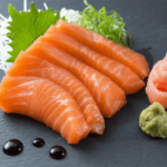 Hauchdünn aufgeschnittenes Lachs-Sashimi angerichtet