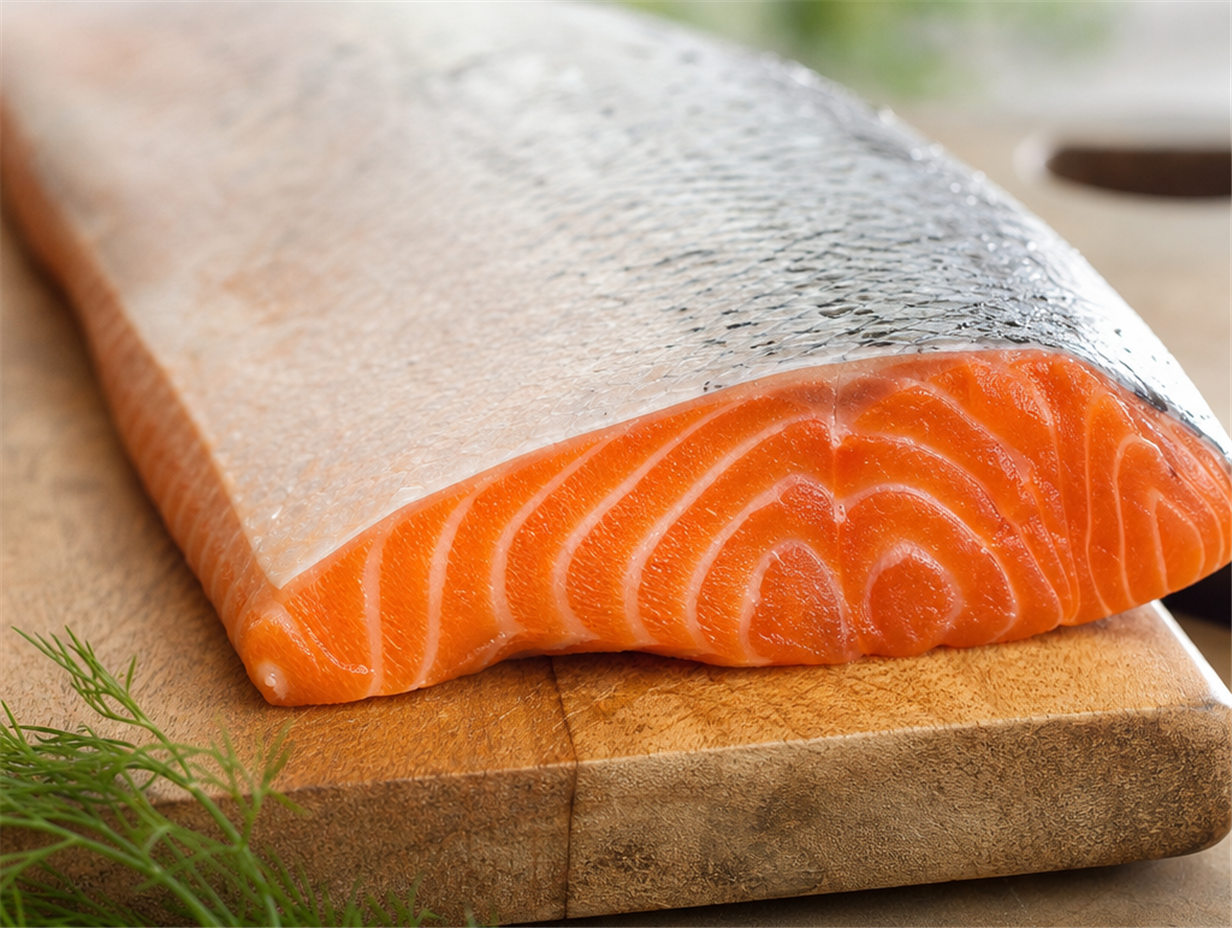 Rohes Lachsfilet auf einem Holzbrett mit sichtbarer Fettmaserung im Fleisch