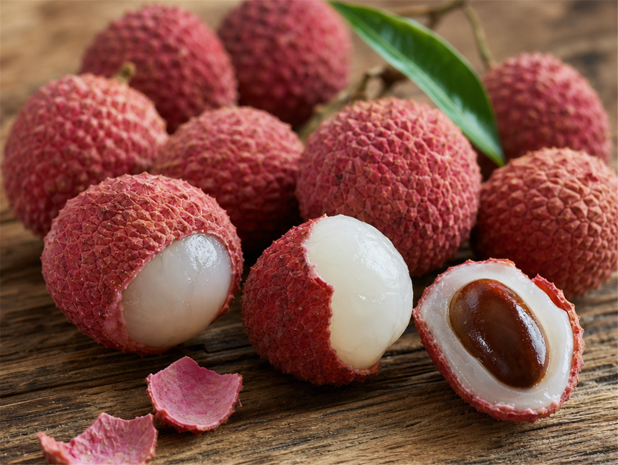 Litschis mit roter, noppiger Schale, einige geöffnet mit sichtbarem Kern