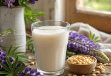 Wie schmeckt Lupinenmilch? Ein Glas Lupinenmilch neben Lupinensamen