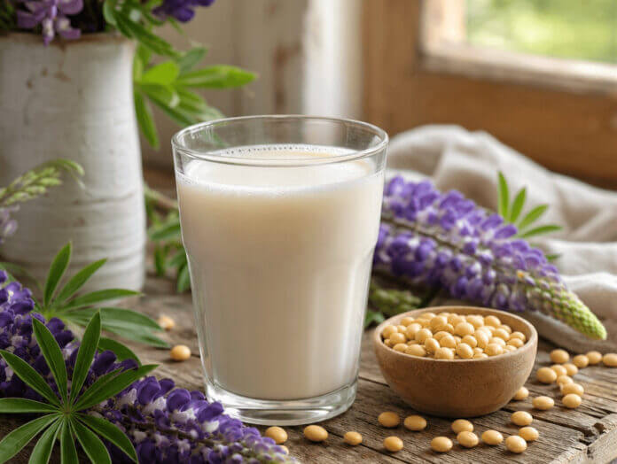 Ein Glas Lupinenmilch neben Lupinensamen