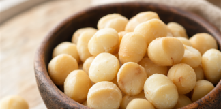 Wie schmecken Macadamianüsse? Schale mit geschälten, leicht gerösteten Macadamianüssen