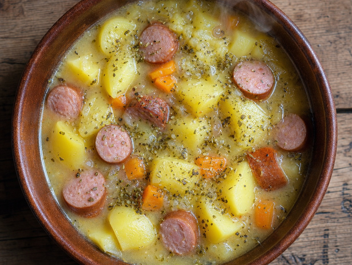 Herzhafter Kartoffeleintopf mit Wurst und Karotten, bestreut mit getrocknetem Majoran