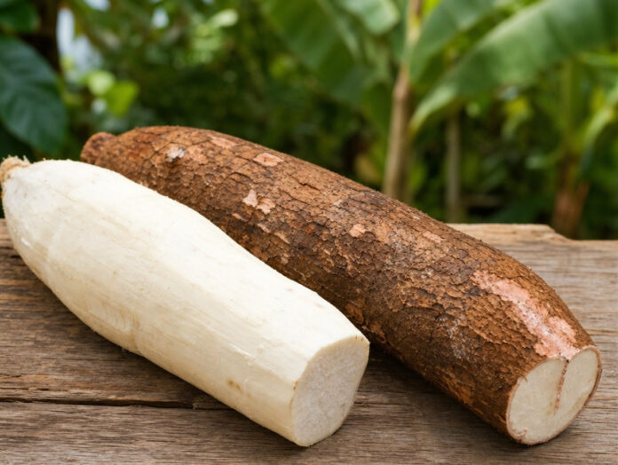 Wie schmeckt Maniok Eine geschälte Maniokwurzel neben einer ungeschälten Maniokwurzel