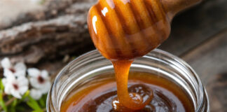 Wie schmeckt Manuka-Honig? Glas mit dunklem Manuka-Honig und Holzlöffel