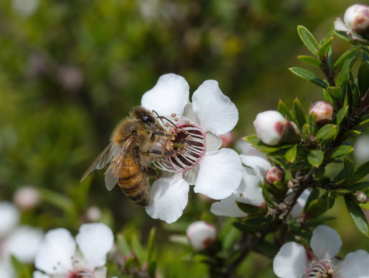 Biene auf weißer Blüte des Manuka-Strauchs in Neuseeland